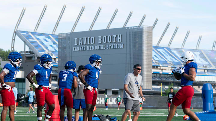 Kansas linebackers work through drills during an outdoor practice on July 30, 2025.