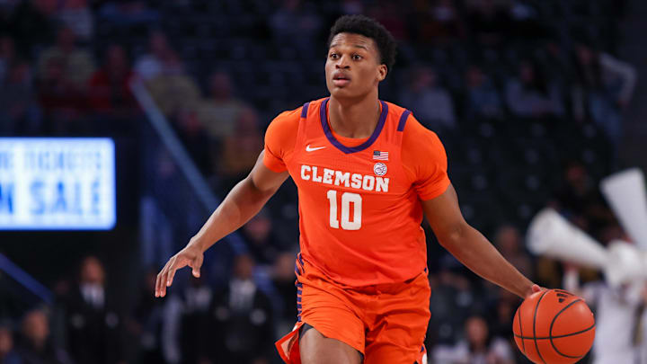 Feb 21, 2024; Atlanta, Georgia, USA; Clemson Tigers forward RJ Godfrey (10) dribbles against the