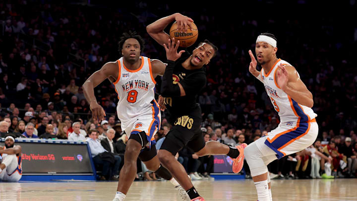 Cleveland Cavaliers guard Darius Garland reacts after being fouled by New York Knicks guard Josh Hart.