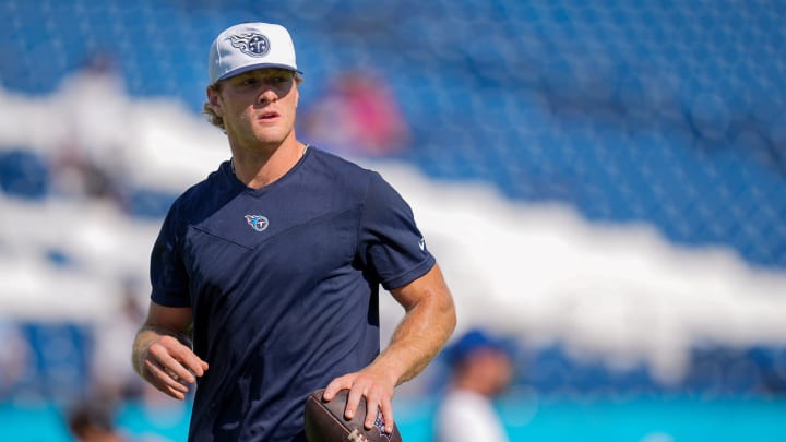 Tennessee Titans quarterback Will Levis (8) warms up before a preseason game against the Seattle Seahawks at Nissan Stadium in Nashville, Tenn., Saturday, Aug. 17, 2024. Tennessee Titans quarterback Will Levis (8) warms up before a preseason game against the Seattle Seahawks at Nissan Stadium in Nashville, Tenn., Saturday, Aug. 17, 2024.