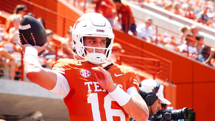 Arch Manning warms up before Texas' 2024 debut against Colorado State at Darrell K Royal-Texas Memorial Stadium. Arch Manning warms up before Texas' 2024 debut against Colorado State at Darrell K Royal-Texas Memorial Stadium.