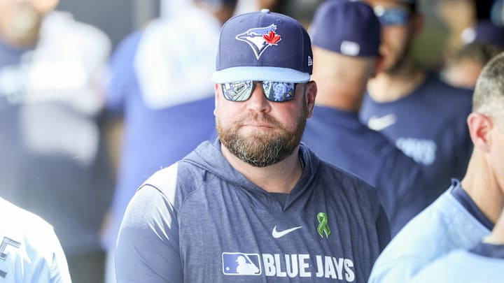 May 25, 2025; St. Petersburg, Florida, USA;  Toronto Blue Jays manager John Schneider (14) looks on against the Tampa Bay Rays during the second inning at George M. Steinbrenner Field. 