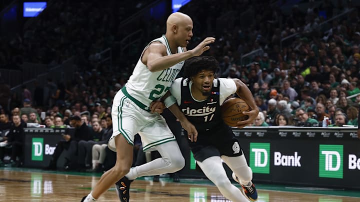 Mar 5, 2025; Boston, Massachusetts, USA; Portland Trail Blazers guard Shaedon Sharpe (17) drives on Boston Celtics guard Jordan Walsh (27) during the second half at TD Garden. Mandatory Credit: Winslow Townson-Imagn Images Mar 5, 2025; Boston, Massachusetts, USA; Portland Trail Blazers guard Shaedon Sharpe (17) drives on Boston Celtics guard Jordan Walsh (27) during the second half at TD Garden. Mandatory Credit: Winslow Townson-Imagn Images