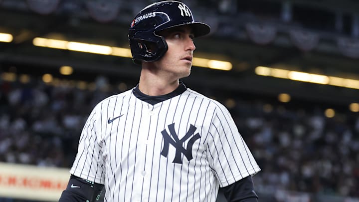 Oct 1, 2025; Bronx, New York, USA; New York Yankees left fielder Cody Bellinger (35) reacts after flying out during the third inning against the Boston Red Sox during game two of the Wildcard round for the 2025 MLB playoffs at Yankee Stadium. Mandatory Credit: Brad Penner-Imagn Images