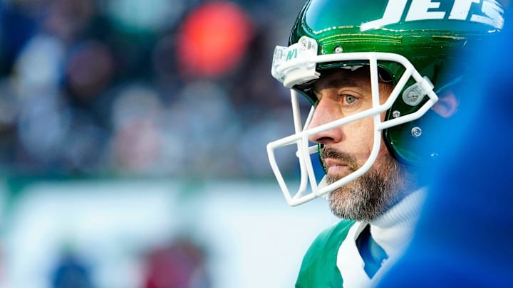 New York Jets quarterback Aaron Rodgers (8) is shown during Gang GreenÕs 19-9 loss against the Los Angeles Rams, Sunday, December 22, 2024, in East Rutherford. New York Jets quarterback Aaron Rodgers (8) is shown during Gang GreenÕs 19-9 loss against the Los Angeles Rams, Sunday, December 22, 2024, in East Rutherford.