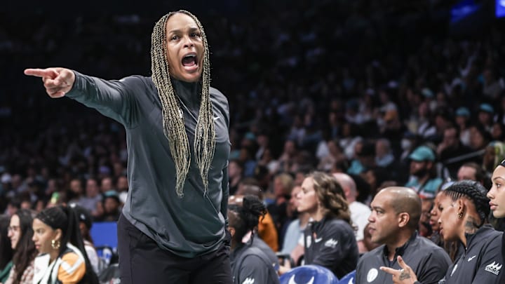 May 23, 2024; Brooklyn, New York, USA;  Chicago Sky head coach Teresa Weatherspoon argues with an official in the first quarter against the New York Liberty at Barclays Center. Mandatory Credit: Wendell Cruz-Imagn Images