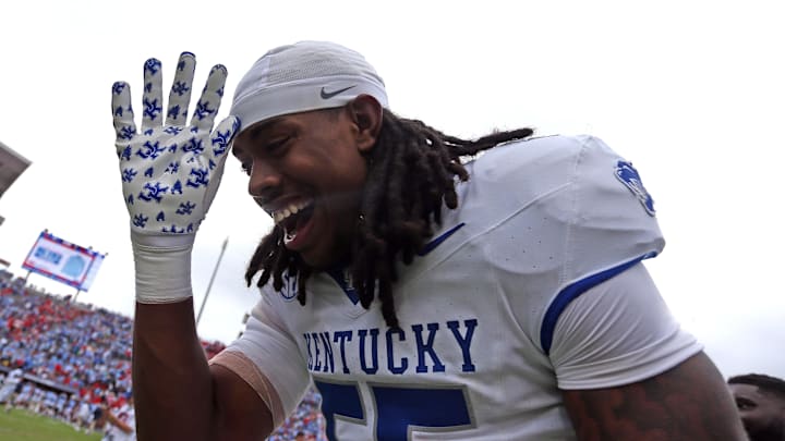Sep 28, 2024; Oxford, Mississippi, USA; Kentucky Wildcats linebacker Noah Matthews (55) reacts after defeating the Mississippi Rebels at Vaught-Hemingway Stadium. Mandatory Credit: Petre Thomas-Imagn Images