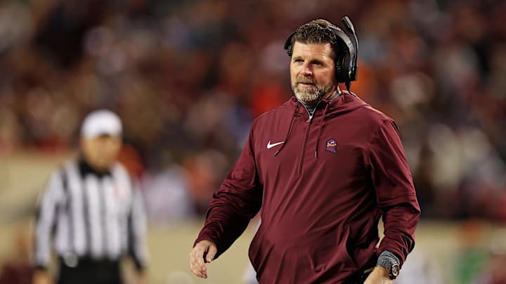 Nov 18, 2023; Blacksburg, Virginia, USA; Virginia Tech Hokies head coach Brent Pry looks on during the game against the North Carolina State Wolfpack at Lane Stadium. Mandatory Credit: Peter Casey-USA TODAY Sports
