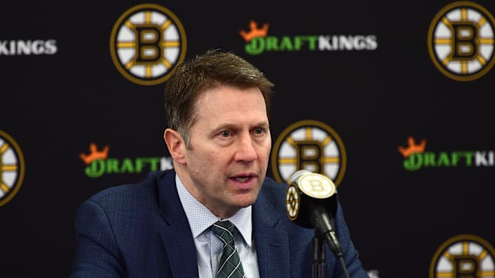 Mar 17, 2025; Boston, Massachusetts, USA;  Boston Bruins head coach Joe Sacco speaks to the media after their overtime loss to the Buffalo Sabres at TD Garden. Mandatory Credit: Bob DeChiara-Imagn Images