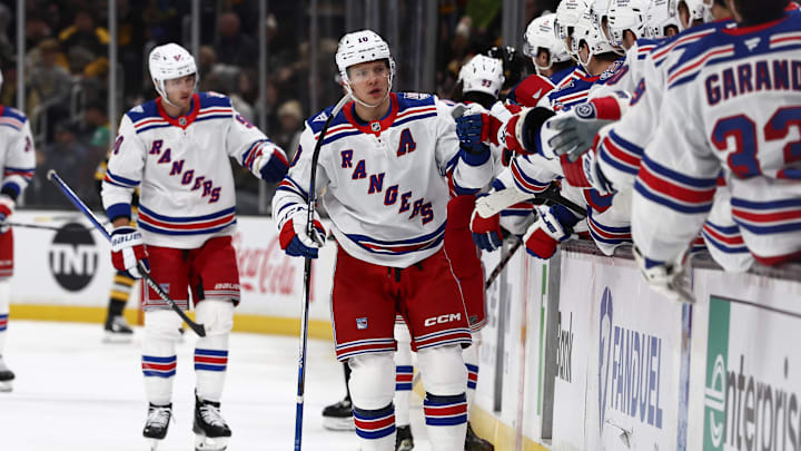 Nov 28, 2025; Boston, Massachusetts, USA; New York Rangers left wing Artemi Panarin (10) is congratulated at the bench after scoring against the Boston Bruins during the first period at TD Garden. Mandatory Credit: Winslow Townson-Imagn Images