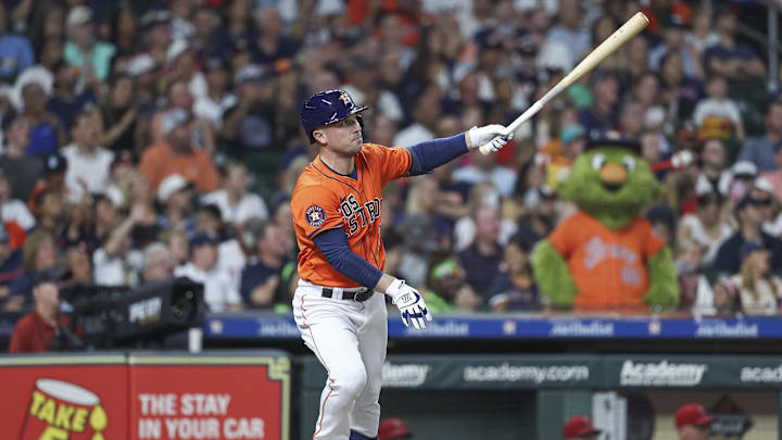 Sep 20, 2024; Houston, Texas, USA; Houston Astros third baseman Alex Bregman (2) hits a home run during the third inning against the Los Angeles Angels at Minute Maid Park. Sep 20, 2024; Houston, Texas, USA; Houston Astros third baseman Alex Bregman (2) hits a home run during the third inning against the Los Angeles Angels at Minute Maid Park.