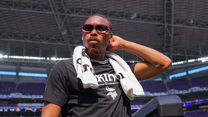 Aug 16, 2025; Minneapolis, Minnesota, USA; Minnesota Vikings wide receiver Justin Jefferson (18) leaves the field after the game against the New England Patriots at U.S. Bank Stadium. Mandatory Credit: Brad Rempel-Imagn Images