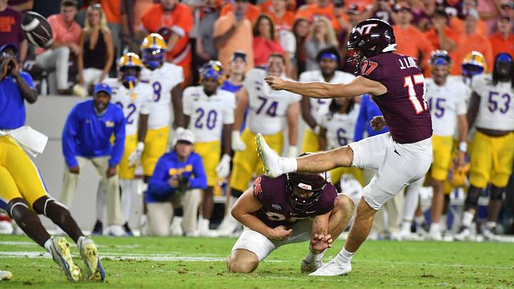 Oct 2, 2026; Blacksburg, Virginia, USA;  Virginia Tech Hokies kicker John Love (17) attempts a field goal during the fourth quarter against the Pittsburgh Panthers at Lane Stadium.  Mandatory Credit: Brian Bishop-Imagn Images