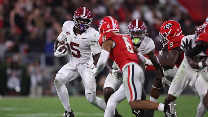 Sep 27, 2025; Athens, Georgia, USA; Alabama Crimson Tide wide receiver Germie Bernard (5) runs against Georgia Bulldogs defensive back Daylen Everette (6) in the second half at Sanford Stadium. Mandatory Credit: Brett Davis-Imagn Images