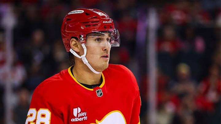 Apr 14, 2026; Calgary, Alberta, CAN; Calgary Flames defenseman Zach Whitecloud (28) skates against the Colorado Avalanche during the first period at Scotiabank Saddledome. Mandatory Credit: Sergei Belski-Imagn Images Apr 14, 2026; Calgary, Alberta, CAN; Calgary Flames defenseman Zach Whitecloud (28) skates against the Colorado Avalanche during the first period at Scotiabank Saddledome. Mandatory Credit: Sergei Belski-Imagn Images