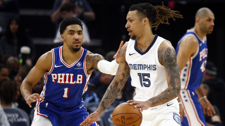 Apr 6, 2024; Memphis, Tennessee, USA; Memphis Grizzlies forward Brandon Clarke (15) dribbles as Philadelphia 76ers forward KJ Martin (1) defends during the first half at FedExForum. Mandatory Credit: Petre Thomas-USA TODAY Sports