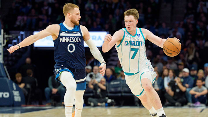 Charlotte Hornets guard Kon Knueppel (7) is defended 