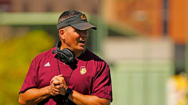 Arizona State defensive coordinator Brian Ward runs a drill for his secondary during the first day of fall practice in Tempe, Ariz. on July 30, 2025.