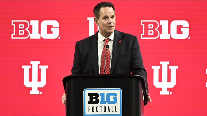 Indiana Hoosiers head coach Curt Cignetti speaks to the media during the Big Ten football media day at Lucas Oil Stadium. Indiana Hoosiers head coach Curt Cignetti speaks to the media during the Big Ten football media day at Lucas Oil Stadium.