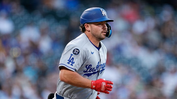 Aug 19, 2025; Denver, Colorado, USA; Los Angeles Dodgers third baseman Buddy Kennedy (46) runs to first on an RBI single advancing to second in the third inning against the Colorado Rockies at Coors Field. Mandatory Credit: Isaiah J. Downing-Imagn Images Aug 19, 2025; Denver, Colorado, USA; Los Angeles Dodgers third baseman Buddy Kennedy (46) runs to first on an RBI single advancing to second in the third inning against the Colorado Rockies at Coors Field. Mandatory Credit: Isaiah J. Downing-Imagn Images