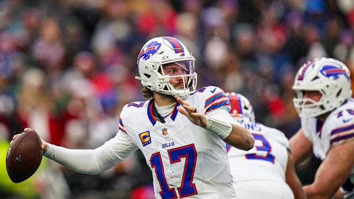 Dec 14, 2025; Foxborough, Massachusetts, USA; Buffalo Bills quarterback Josh Allen (17) passes the ball against the New England Patriots in the second half at Gillette Stadium. Mandatory Credit: David Butler II-Imagn Images