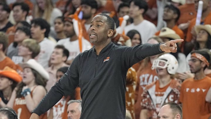 Mar 2, 2024; Austin, Texas, USA; Oklahoma State Cowboys head coach Mike Boynton signals to players