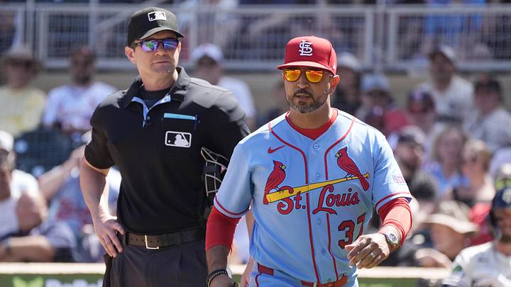 Jun 13, 2026; Minneapolis, Minnesota, USA; St. Louis Cardinals Oliver Marmol leaves after arguing with home plate umpire Adam Beck over a ABS review on a pitch to Minnesota Twins shortstop Austin Martin (not pictured) in the eighth inning at Target Field. Beck ejected Marmol on the argument. Mandatory Credit: Bruce Kluckhohn-Imagn Images Jun 13, 2026; Minneapolis, Minnesota, USA; St. Louis Cardinals Oliver Marmol leaves after arguing with home plate umpire Adam Beck over a ABS review on a pitch to Minnesota Twins shortstop Austin Martin (not pictured) in the eighth inning at Target Field. Beck ejected Marmol on the argument. Mandatory Credit: Bruce Kluckhohn-Imagn Images