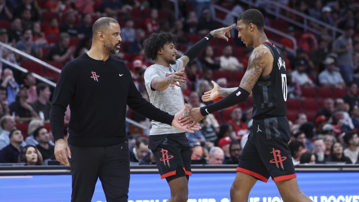 Mar 14, 2024; Houston, Texas, USA; Houston Rockets forward Jabari Smith Jr. (10) celebrates with head coach Ime Udoka after a play during the second quarter against the Washington Wizards at Toyota Center. Mandatory Credit: Troy Taormina-USA TODAY Sports Mar 14, 2024; Houston, Texas, USA; Houston Rockets forward Jabari Smith Jr. (10) celebrates with head coach Ime Udoka after a play during the second quarter against the Washington Wizards at Toyota Center. Mandatory Credit: Troy Taormina-USA TODAY Sports