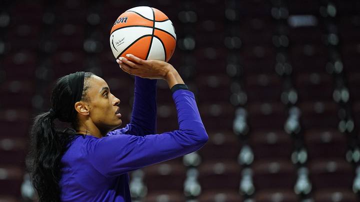 Sep 6, 2025; Uncasville, Connecticut, USA; Phoenix Mercury forward DeWanna Bonner (14) warms up before the start of the game against the Connecticut Sun at Mohegan Sun Arena. Mandatory Credit: David Butler II-Imagn Images
