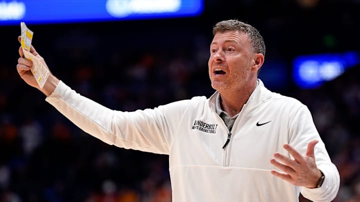Vanderbilt coach Mark Byington reacts to a call during the first half of a SEC tournament quarterfinal game against Tennessee at Bridgestone Arena in Nashville, Tenn., Friday, March 13, 2026.