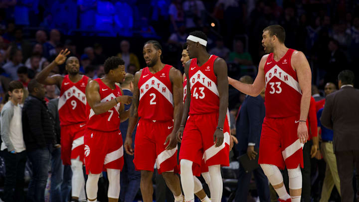 Serge Ibaka, Kyle Lowry, Kawhi Leonard, Pascal Siakam and Marc Gasol, Toronto Raptors