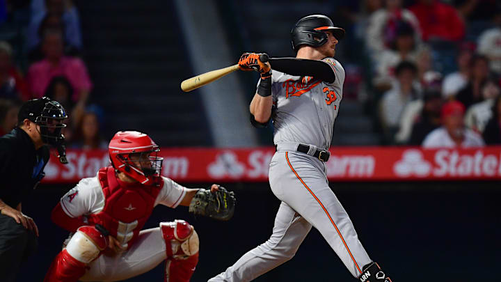 Sep 5, 2023; Anaheim, California, USA; Baltimore Orioles first baseman Ryan O'Hearn (32) hits an RBI single against the Los Angeles Angels