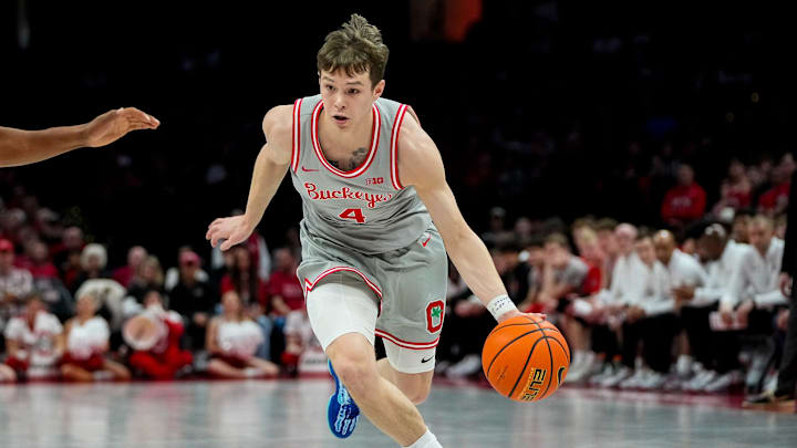 Ohio State Buckeyes guard Gabe Cupps (4) dribbles the ball in the first half of the NCAA game at Value City Arena on Saturday, March 7, 2026 in Columbus, Ohio.