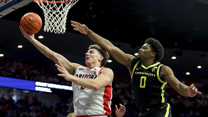 Mar 2, 2024; Tucson, Arizona, USA; Arizona Wildcats guard Pelle Larsson (3) shoots a basket against