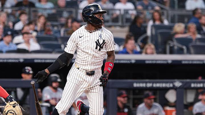 Jun 2, 2026; Bronx, New York, USA; New York Yankees second baseman Jazz Chisholm Jr. (13) singles during the fourth inning against the Cleveland Guardians at Yankee Stadium. Mandatory Credit: Vincent Carchietta-Imagn Images