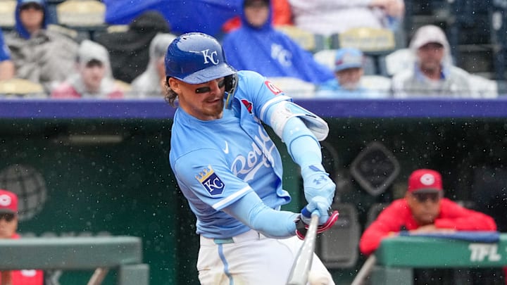 Kansas City Royals shortstop Bobby Witt Jr. (7) at bat against the Cincinnati Reds in the sixth inning at Kauffman Stadium on May 26. Kansas City Royals shortstop Bobby Witt Jr. (7) at bat against the Cincinnati Reds in the sixth inning at Kauffman Stadium on May 26.