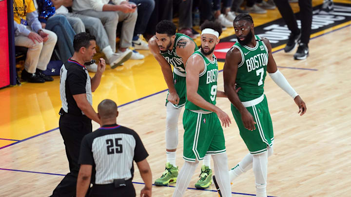 Jun 5, 2022; San Francisco, California, USA; Boston Celtics guard Jaylen Brown (7) and guard Derrick White (9) and forward Jayson Tatum (0) reacts after a call in the third quarter against the Golden State Warriors during game two of the 2022 NBA Finals at Chase Center. Mandatory Credit: Cary Edmondson-Imagn Images