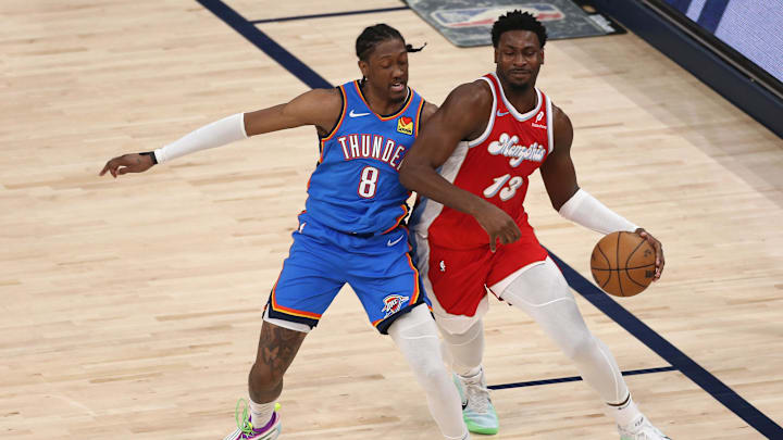Jalen Williams defends Jaren Jackson Jr. during a 2025 playoff game.
