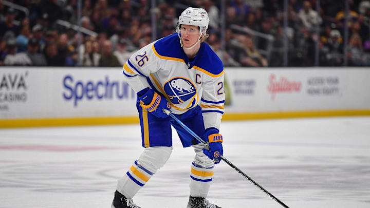 Mar 21, 2026; Los Angeles, California, USA; Buffalo Sabres defenseman Rasmus Dahlin (26) controls the puck against the Los Angeles Kings during the third period at Crypto.com Arena. Mandatory Credit: Gary A. Vasquez-Imagn Images