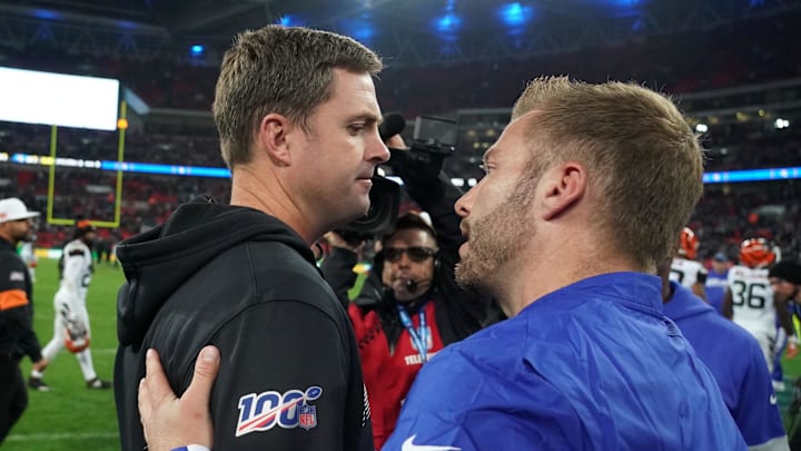Oct 27, 2019; London, United Kingdom; Cincinnati Bengals head coach Zac Taylor (left) shakes hands