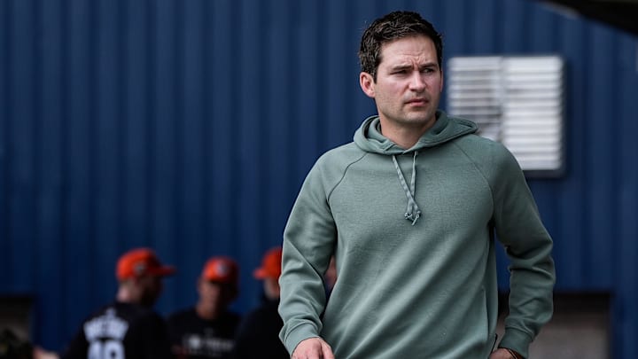 Detroit Tigers president of baseball operation Scott Harris during spring training at TigerTown in Lakeland, Fla. on Sunday, Feb. 16, 2025.