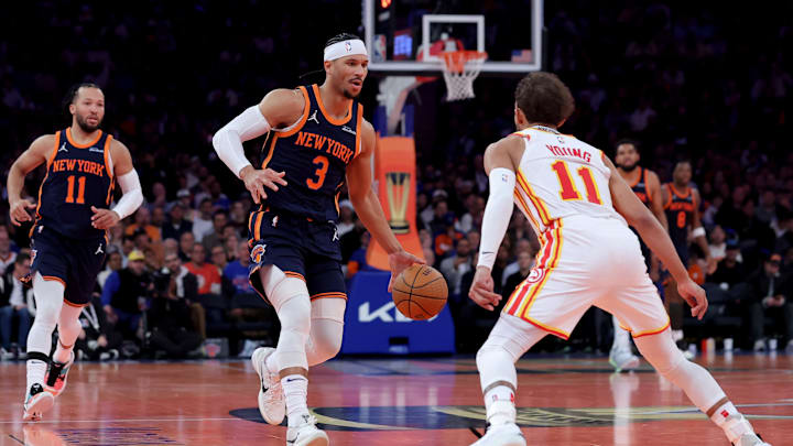 Dec 11, 2024; New York, New York, USA; New York Knicks guard Josh Hart (3) brings the ball up court against Atlanta Hawks guard Trae Young (11) during the third quarter at Madison Square Garden. Mandatory Credit: Brad Penner-Imagn Images Dec 11, 2024; New York, New York, USA; New York Knicks guard Josh Hart (3) brings the ball up court against Atlanta Hawks guard Trae Young (11) during the third quarter at Madison Square Garden. Mandatory Credit: Brad Penner-Imagn Images