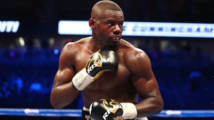 Aug 26, 2017; Las Vegas, NV, USA; Andrew Tabiti fights against Steve Cunningham during a boxing match at T-Mobile Arena. Mandatory Credit: Mark J. Rebilas-Imagn Images