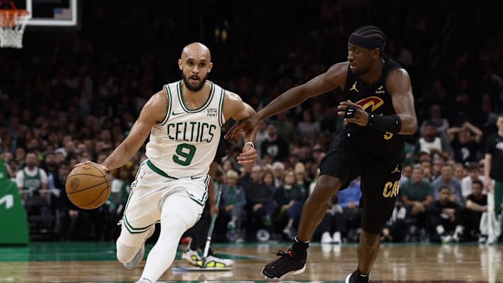 May 7, 2024; Boston, Massachusetts, USA; Boston Celtics guard Derrick White (9) drives on Cleveland Cavaliers guard Caris LeVert (3) during the third quarter of game one of the second round of the 2024 NBA playoffs at TD Garden. Mandatory Credit: Winslow Townson-USA TODAY Sports May 7, 2024; Boston, Massachusetts, USA; Boston Celtics guard Derrick White (9) drives on Cleveland Cavaliers guard Caris LeVert (3) during the third quarter of game one of the second round of the 2024 NBA playoffs at TD Garden. Mandatory Credit: Winslow Townson-USA TODAY Sports
