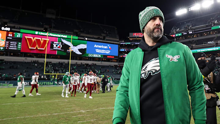 Jan 4, 2026; Philadelphia, Pennsylvania, USA; Philadelphia Eagles head coach Nick Sirianni walks off the field after a loss to the Washington Commanders at Lincoln Financial Field. Mandatory 