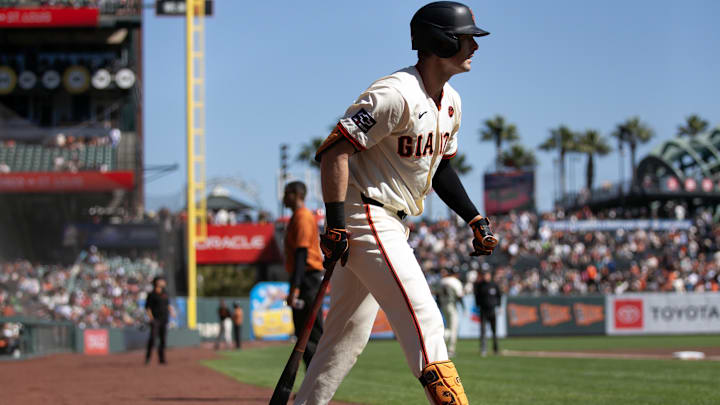 Sep 29, 2024; San Francisco, California, USA; San Francisco Giants right fielder Mike Yastrzemski (5) walks to the plate during the first inning against the St. Louis Cardinals at Oracle Park. 