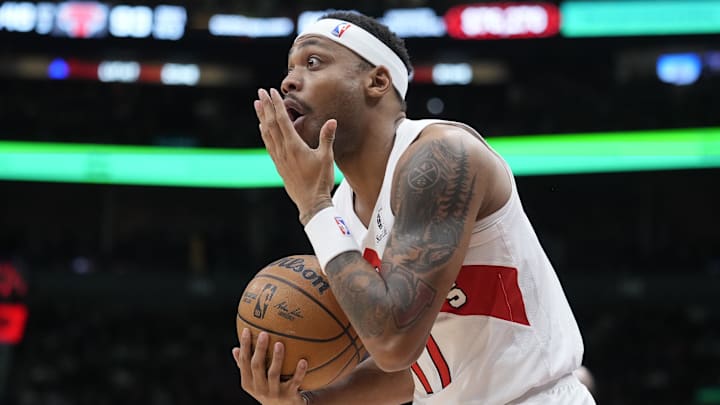Feb 4, 2025; Toronto, Ontario, CAN; Toronto Raptors guard Bruce Brown (11) reacts to being called for a foul against the New York Knicks during the second half at Scotiabank Arena. Mandatory Credit: John E. Sokolowski-Imagn Images