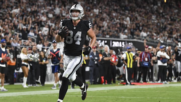 Aug 17, 2024; Paradise, Nevada, USA; Las Vegas Raiders tight end Harrison Bryant (84) runs the ball in for a touchdown against the Dallas Cowboys in the third quarter at Allegiant Stadium.