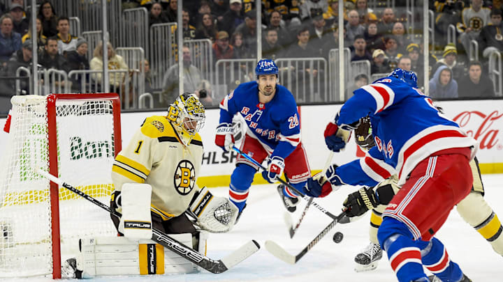 Dec 16, 2023; Boston, Massachusetts, USA;  New York Rangers center Mika Zibanejad (93) battles for