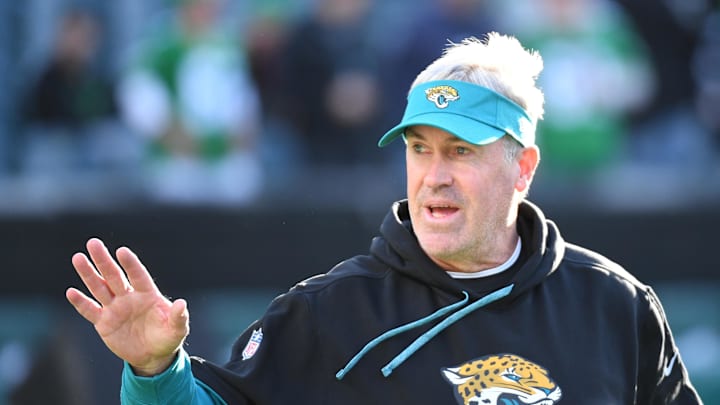 Nov 3, 2024; Philadelphia, Pennsylvania, USA; Jacksonville Jaguars head coach Doug Pederson on the field against the Philadelphia Eagles at Lincoln Financial Field. Mandatory Credit: Eric Hartline-Imagn Images